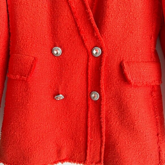 Zara Bright Coral Orange Tweed Blazer XS - Picture 3 of 7